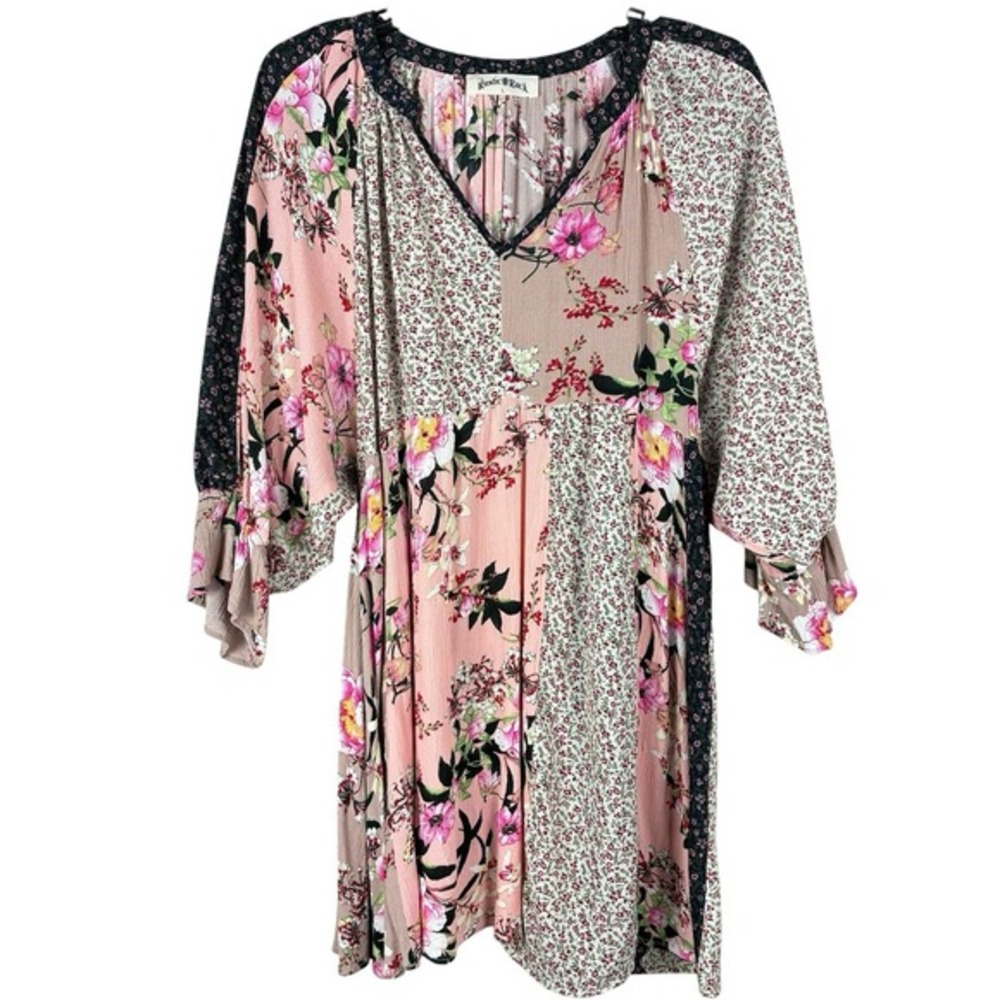 Patchwork Mixed Print Floral Dress Large Boho Cottagecore 3/4 Sleeves